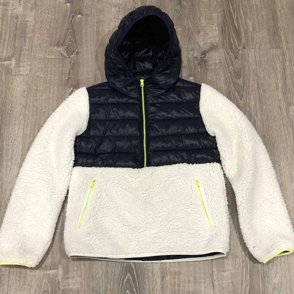 Gap Women’s XS Sherpa Puffer Quarter Zip Hoodie – Navy & White